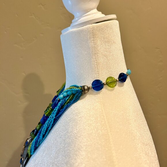 Boho Style Multi-strand Beaded Necklace Large Jeweled Metal Pendant Blue Green - Picture 5 of 9